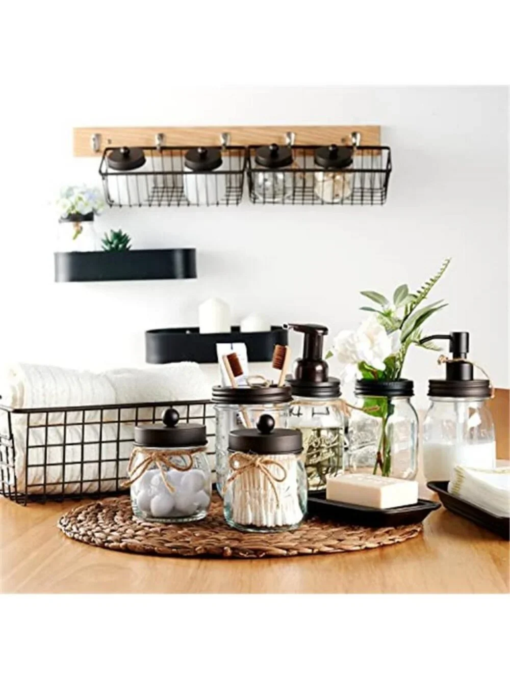 Mason Jar Bathroom Accessories Set,6Pcs Rustic Bathroom Set,Brown